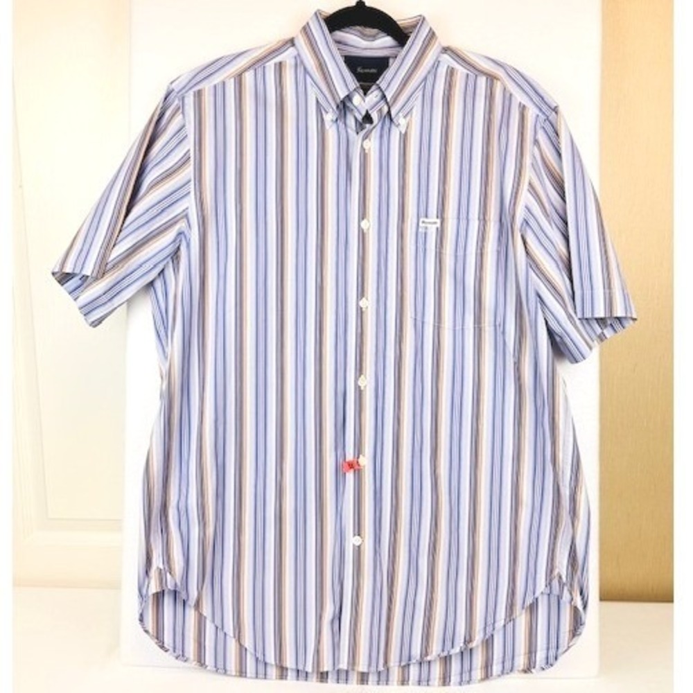 Faconnable Classique Mens Blue Striped Short Sleeve Button Down Shirt Large